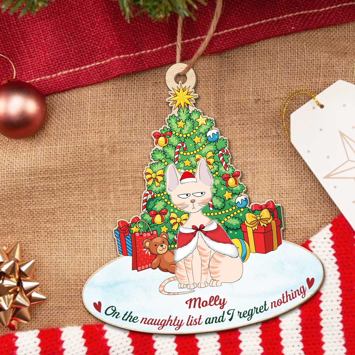 On The Naughty List Cat - Personalized Custom Wood Ornament