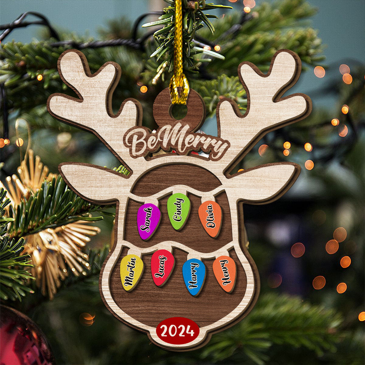 Reindeer Christmas Family Light - Personalized Custom 2-Layered Wood Ornament