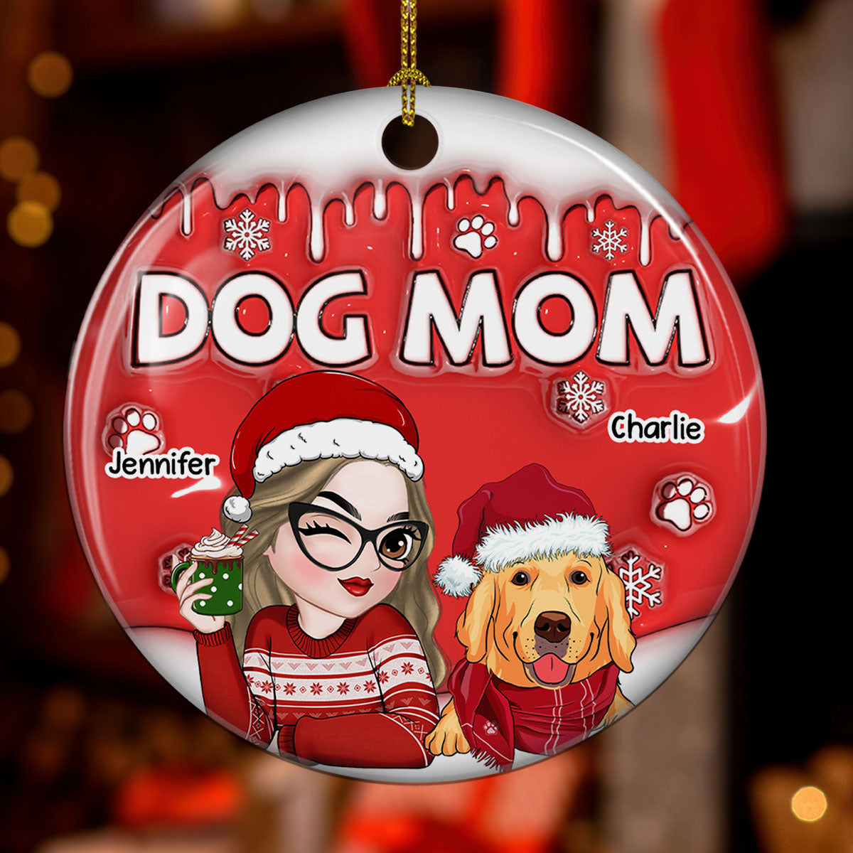 Dog Mom In Christmas - Personalized Custom 3D Inflated Effect Ceramic Ornament