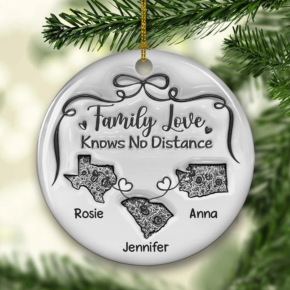 Family Love Knows No Distance Toile De Jouy - Personalized Custom 3D Inflated Effect Ceramic Ornament