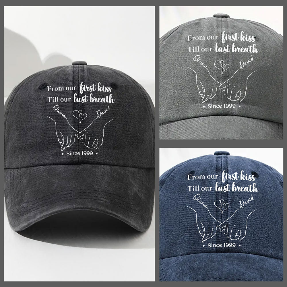 From Our First Kiss Till The Last - Personalized Custom Vintage Washed Denim Cap
