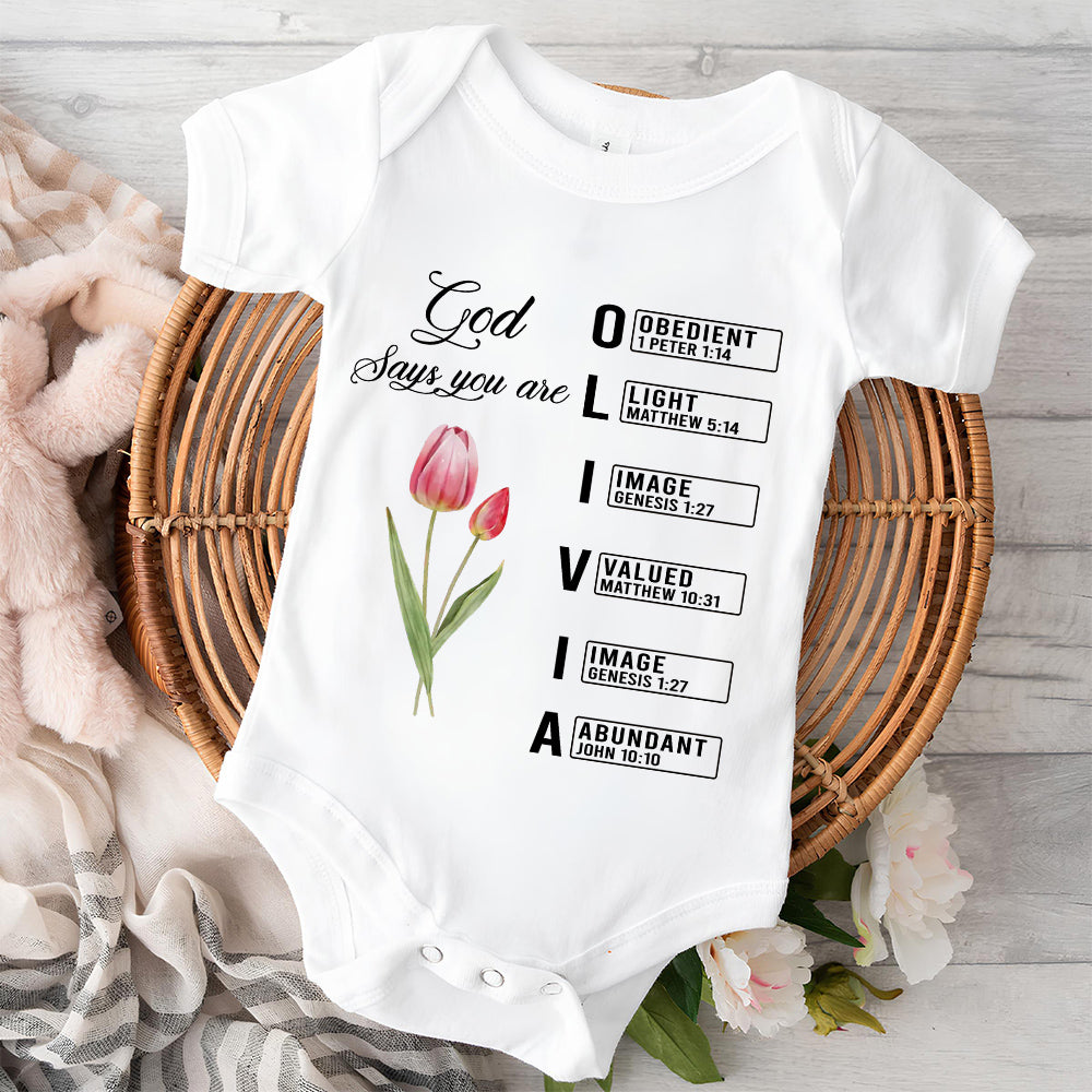 God Says I Am Name Letter In Bible - Personalized Custom Baby Onesie