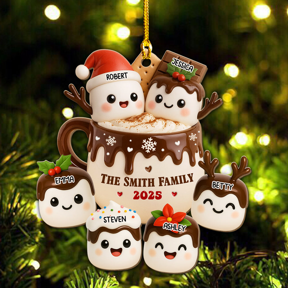 Marshmallow Family Hot Cocoa - Personalized Custom Wood Ornament