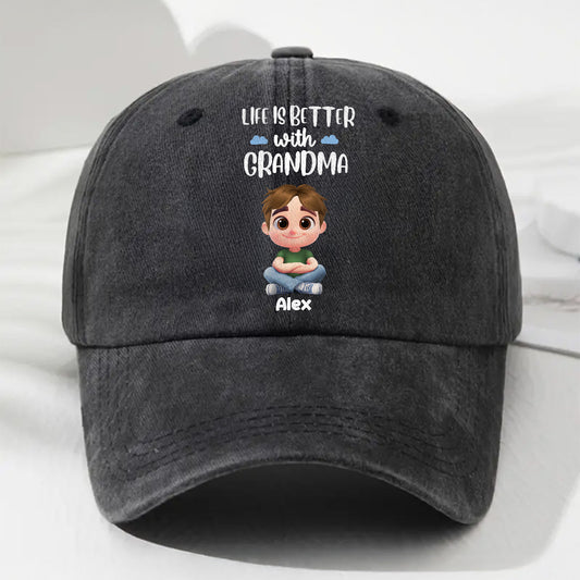 Life Is Better With Grandma - Personalized Custom Vintage Washed Denim Cap