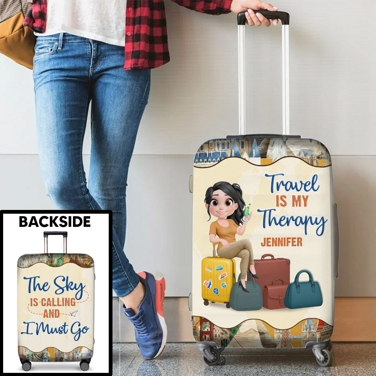 Travel Is My Therapy Cartoonize - Personalized Custom Luggage Cover