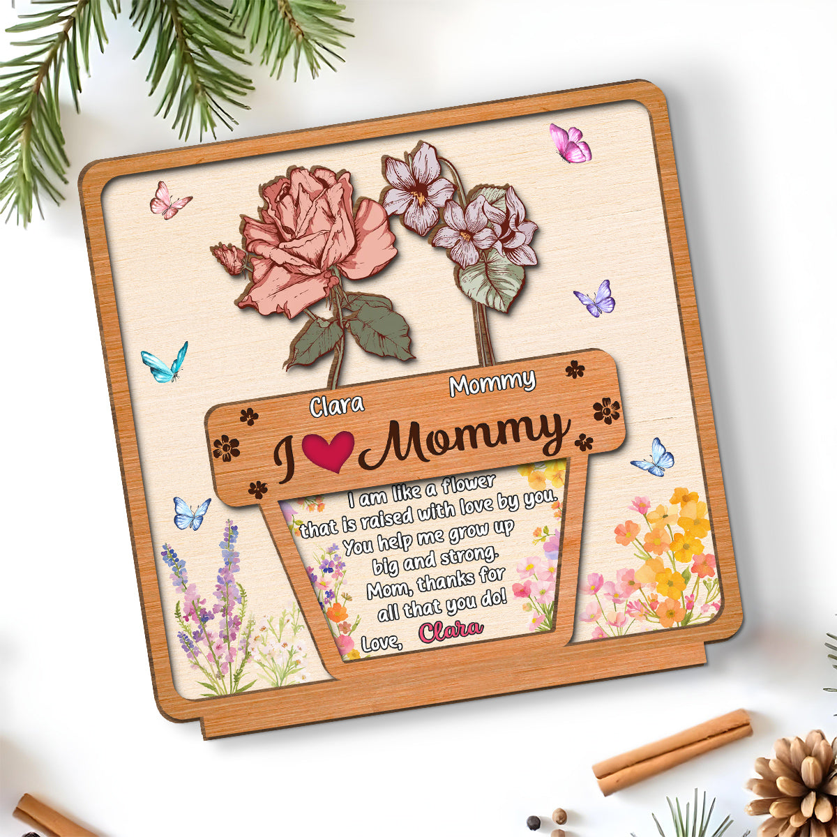Growing Love Flower - Personalized Custom 2-Layer Wood Plaque With Flat Base