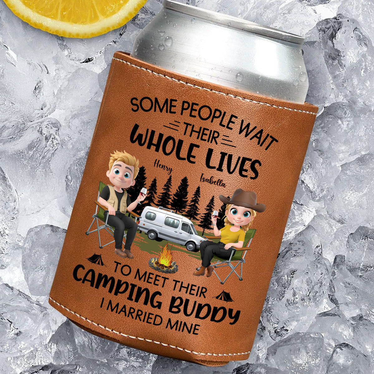 Sharing Every Campfire Night - Personalized Custom Leather Can Cooler Holder