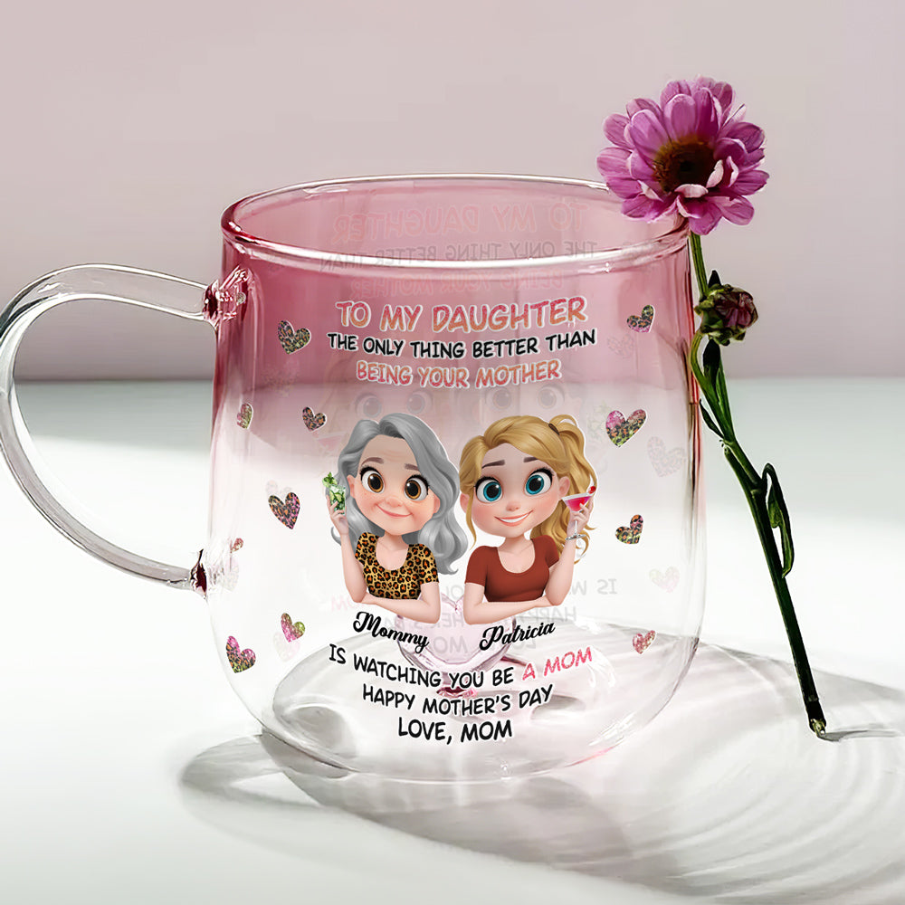 Watching You Be A Mom Cartoon - Personalized Custom Pink Gradient Glass Mug
