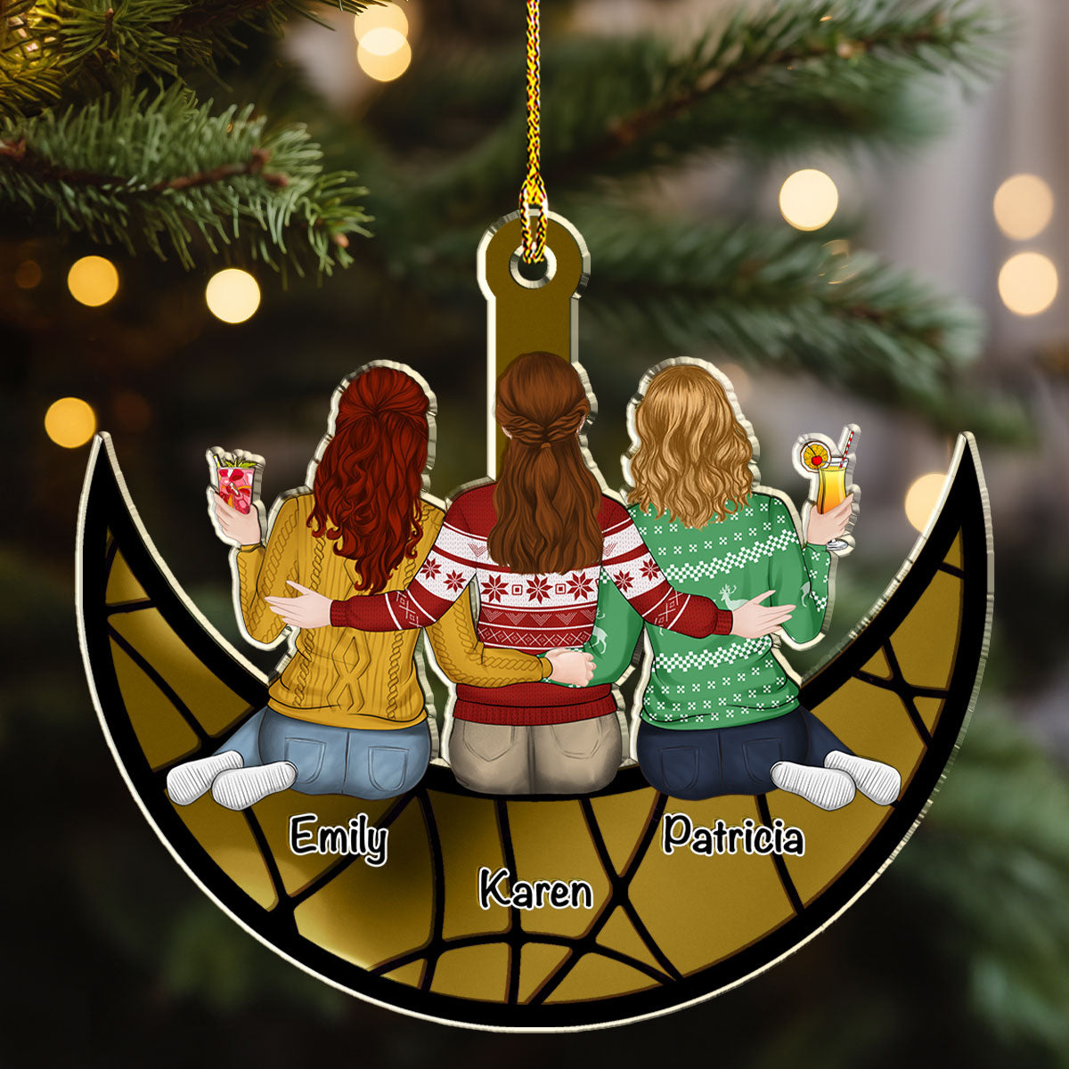 Besties Sitting On The Moon - Personalized Custom Mirrored Acrylic Ornament