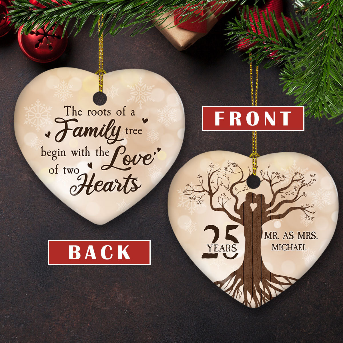 Wedding Anniversary Ornament - Personalized Custom Heart Ceramic Ornament