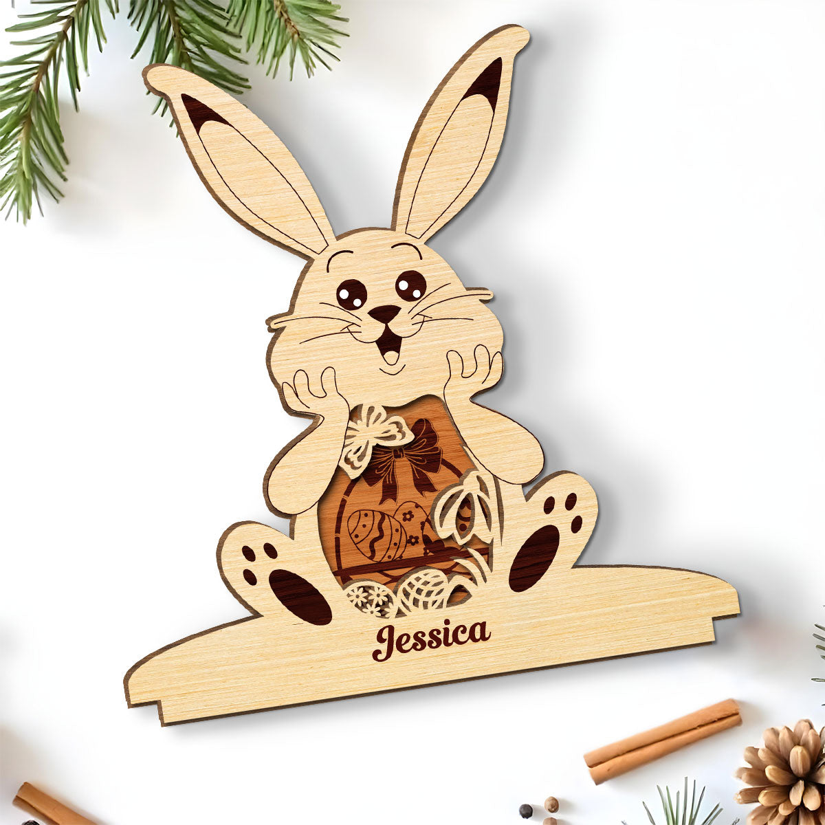 Bunny Bliss Celebration - Personalized Custom 2-Layer Wood Plaque With Flat Base