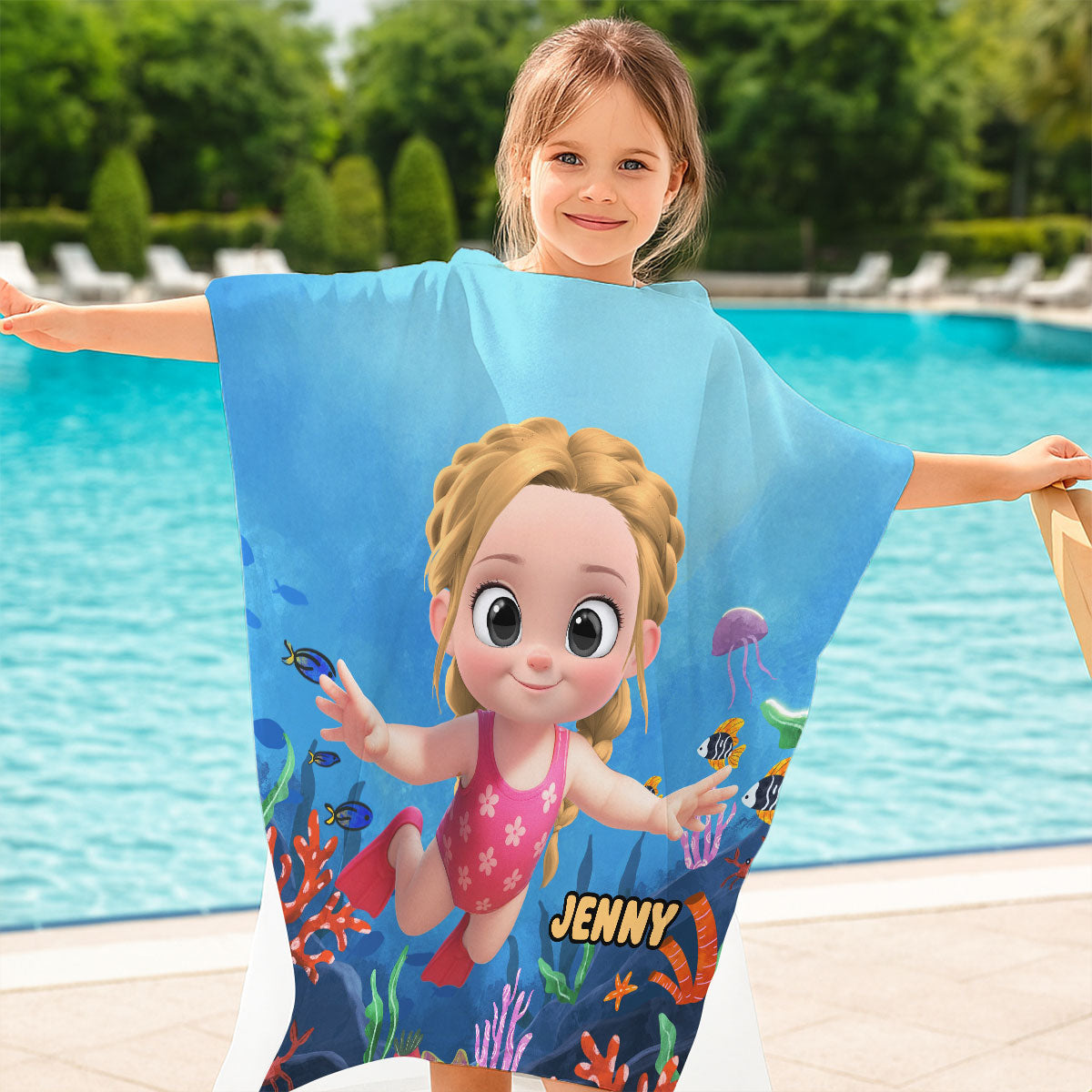 Cartoon Kid Character Marine  - Personalized Custom Hooded Beach Towel