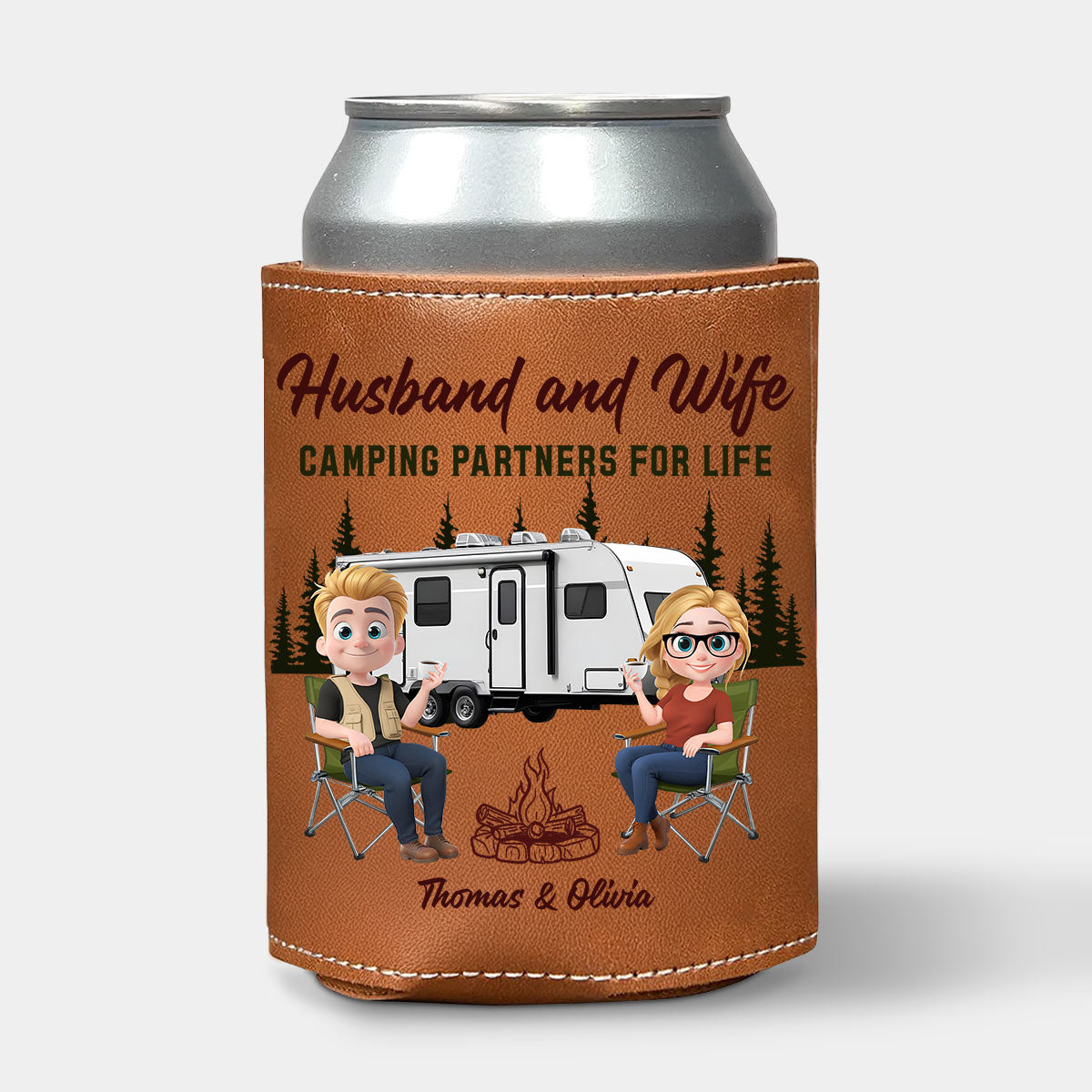 Camping Together For Life - Personalized Custom Leather Can Cooler Holder