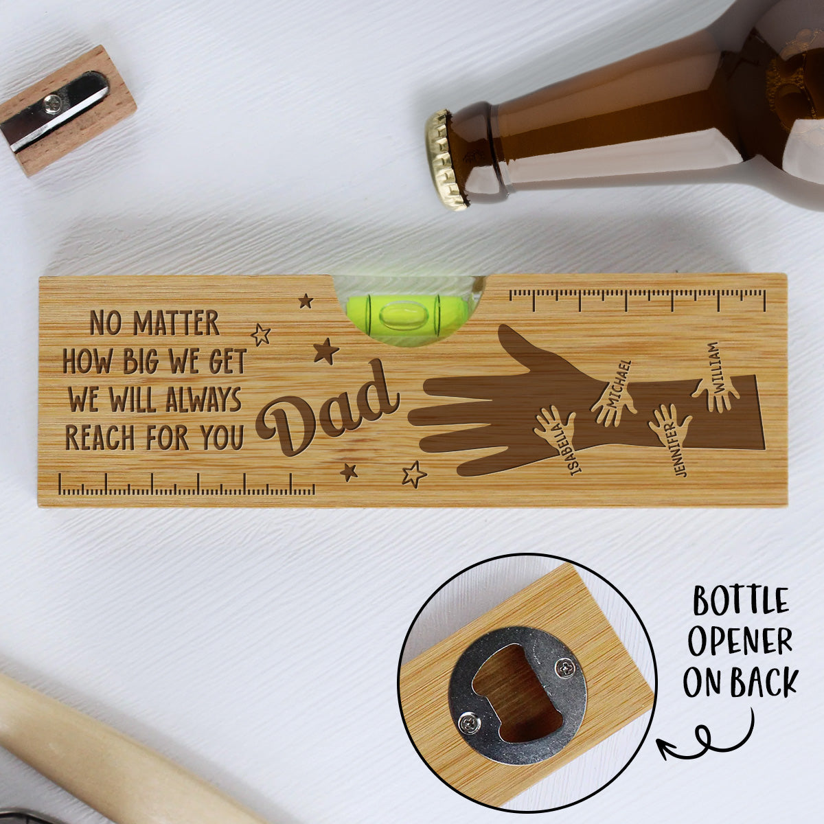 Held by Your Hands, Guided by Your Love - Personalized Custom Engraved Wooden Spirit Level Bottle Opener