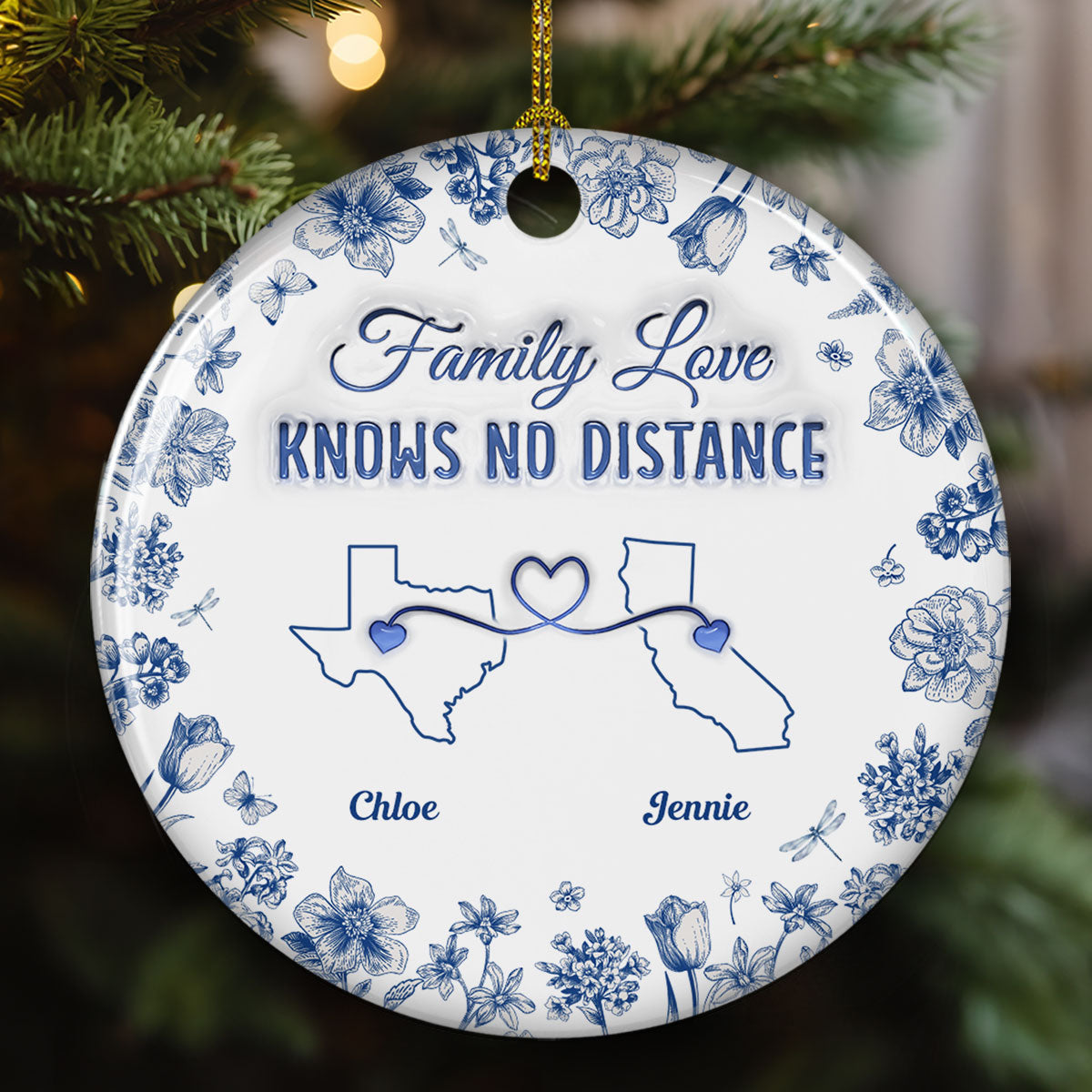 Family Love Knows No Distance Toile Style - Personalized Custom 3D Inflated Effect Ceramic Ornament