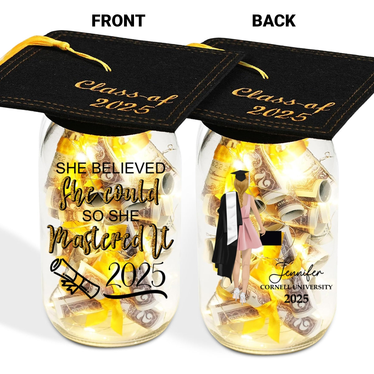She Believed She Could - Personalized Custom Graduation Mason Jar Light