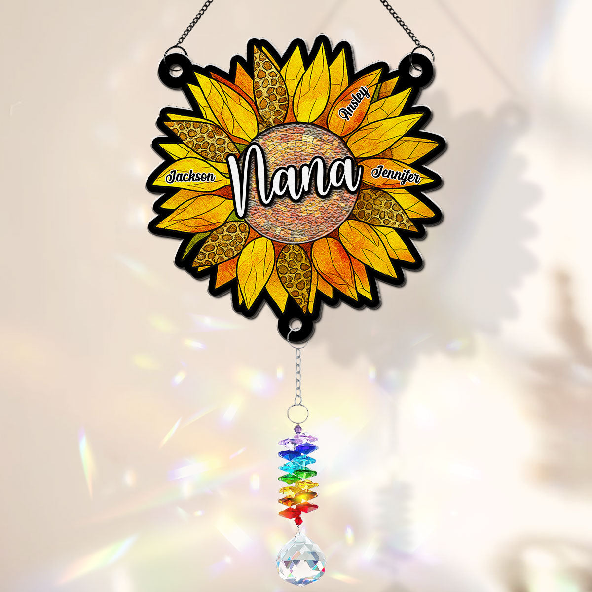 Beautiful Sunflower Grandma - Personalized Custom Suncatcher With Crystal Rainbow Charm