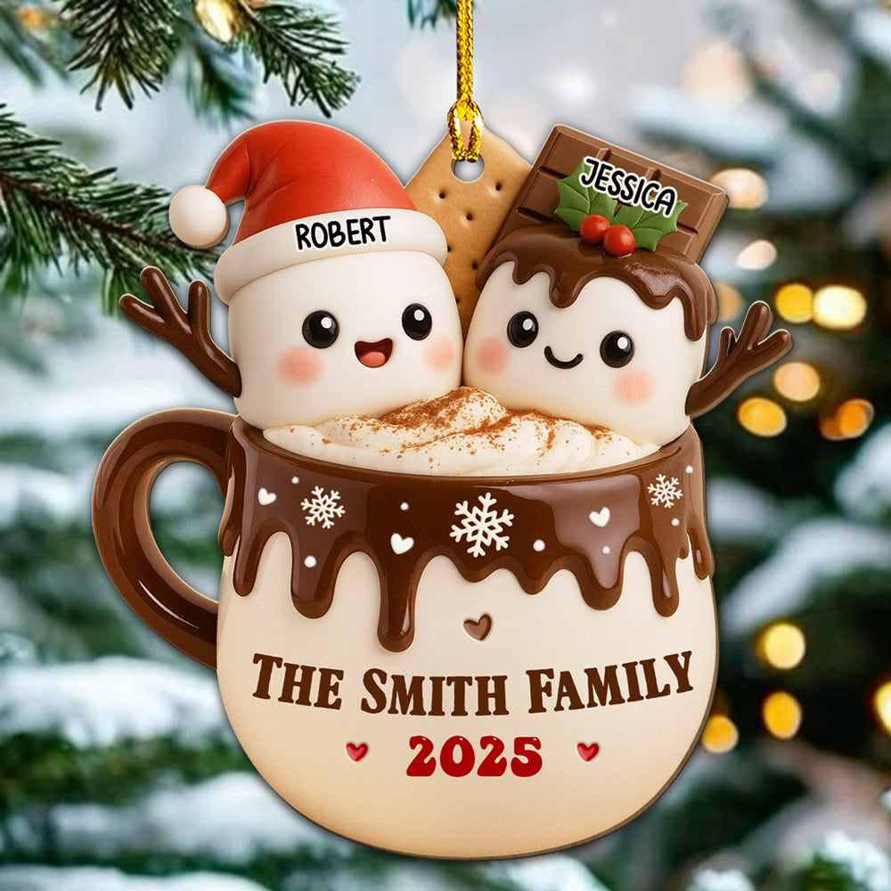 Marshmallow Family Hot Cocoa - Personalized Custom Wood Ornament