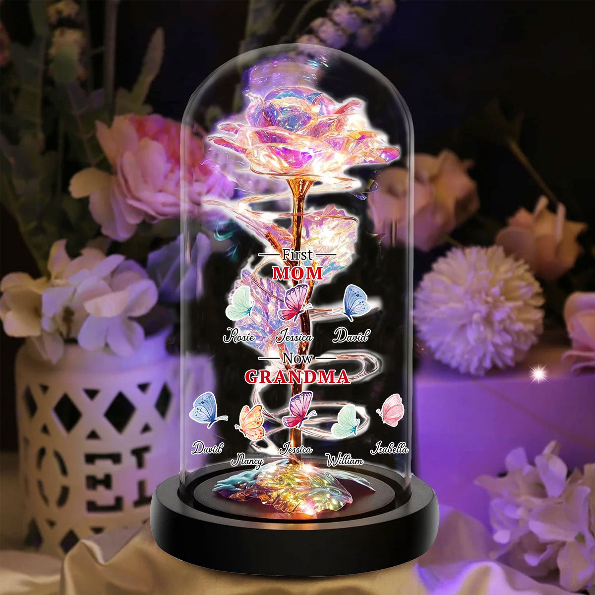 First Mom Now Grandma Butterflies - Personalized Custom Sparkly Rose