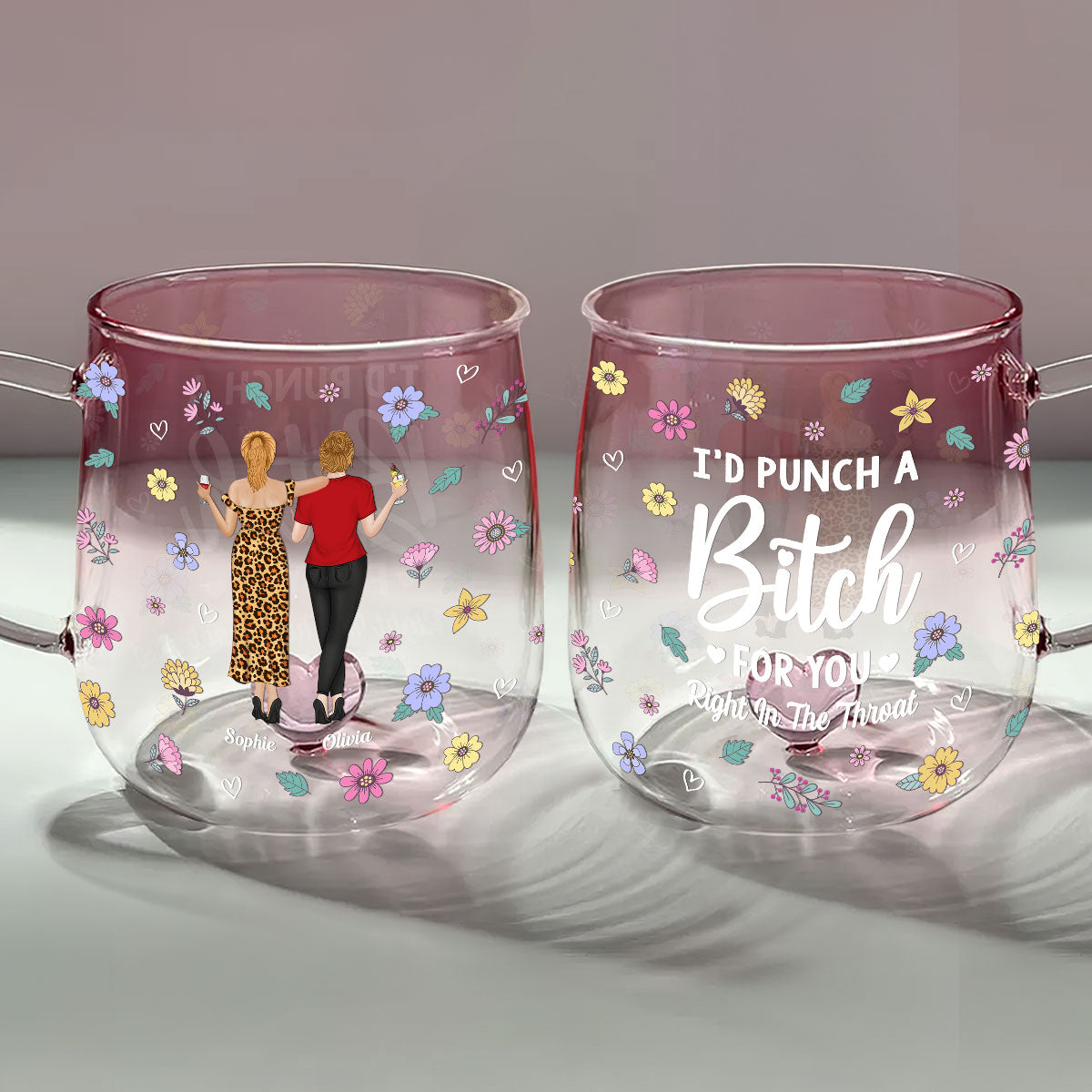 Punch Bitch Besties - Personalized Custom Pink Gradient Glass Mug