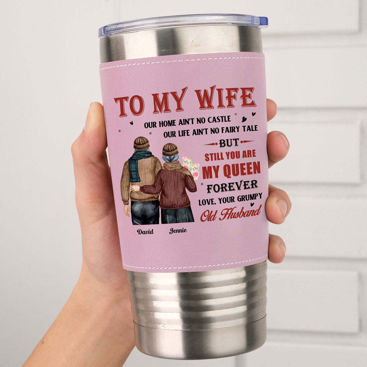 To My Queen - Personalized Custom Pink Leather Tumbler