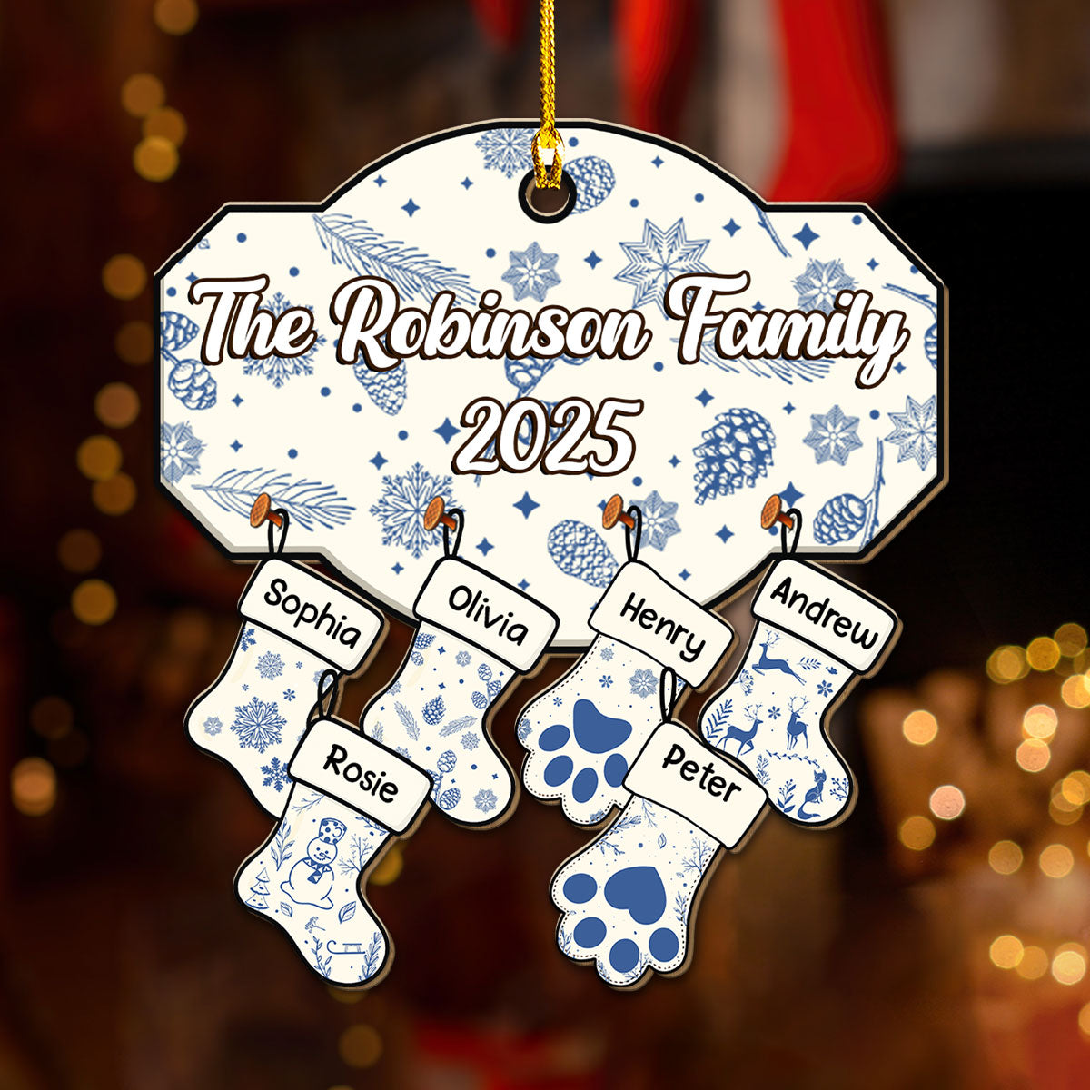 Blue Family With Pet - Personalized Custom Wood Ornament