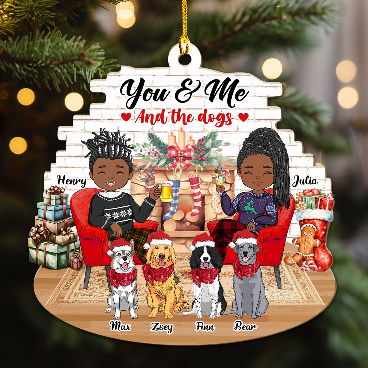 Couple And Dogs - Personalized Custom Wood Ornament