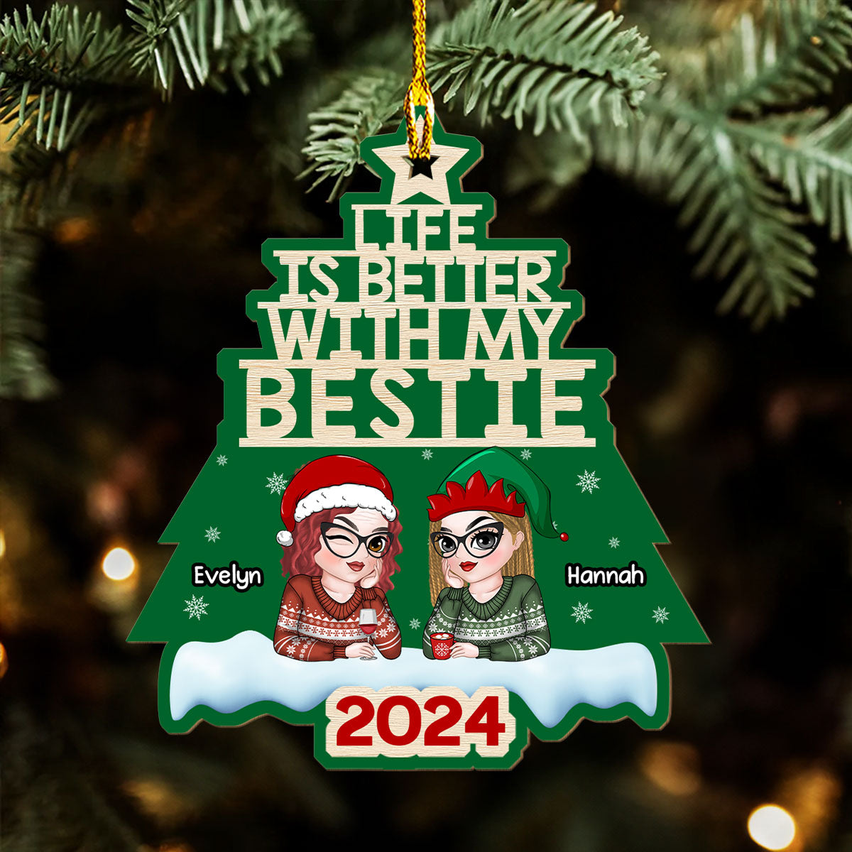 Besties Christmas Tree - Personalized Custom Wood Ornament
