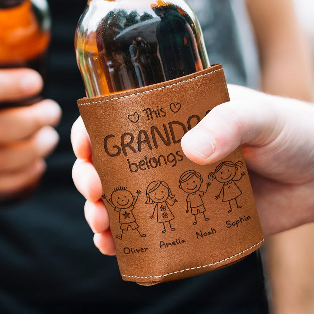 This Grandpa Belongs To Us - Personalized Custom Engraved Leather Can Cooler Holder