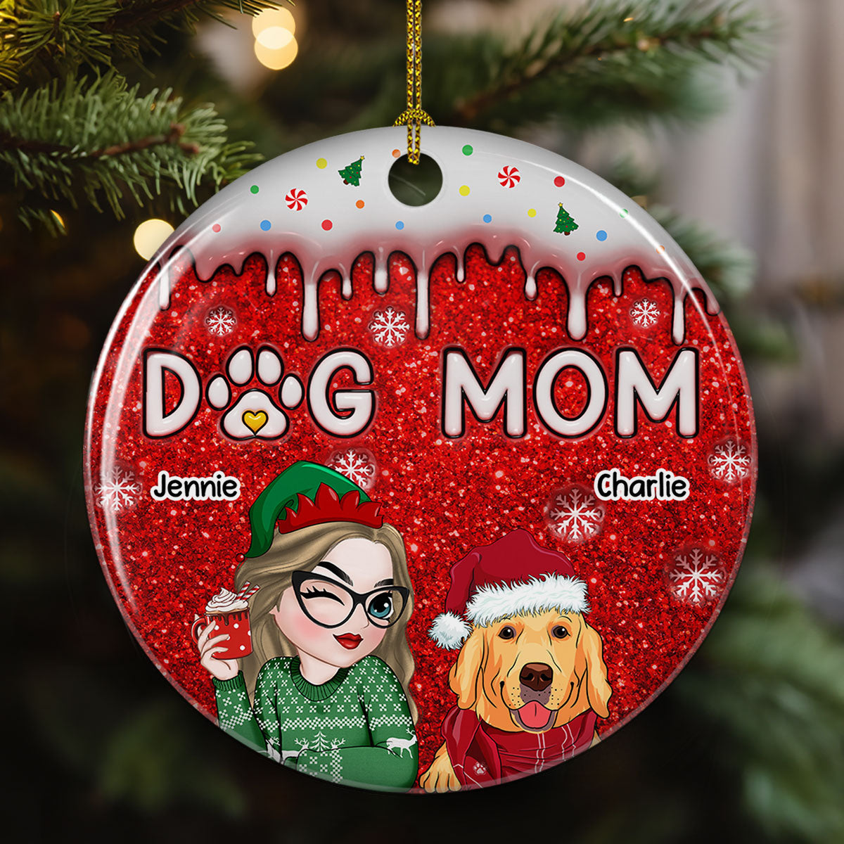 Christmas Dog Mom - Personalized Custom 3D Inflated Effect Ceramic Ornament