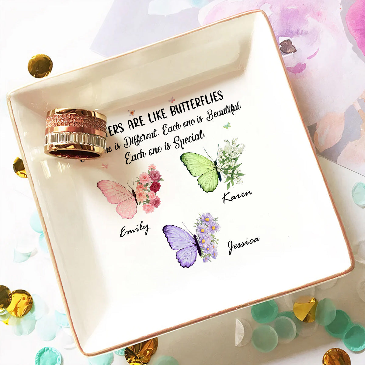 Butterflies Dance Sisters Shine - Personalized Custom Jewelry Dish