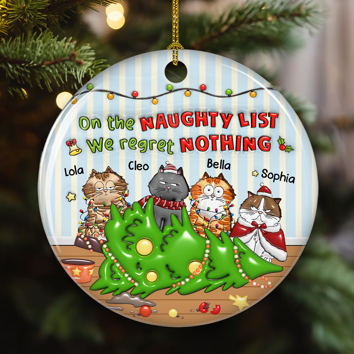 Naughty List Catmas - Personalized Custom 3D Inflated Effect Ceramic Ornament