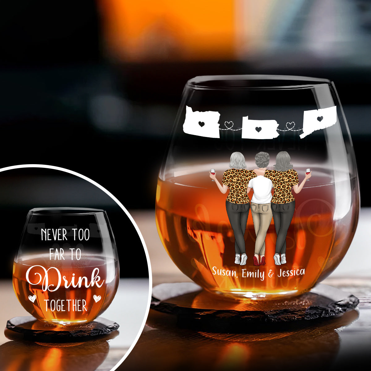 Never Too Far To Drink Wine Together - Personalized Custom Wine Glass