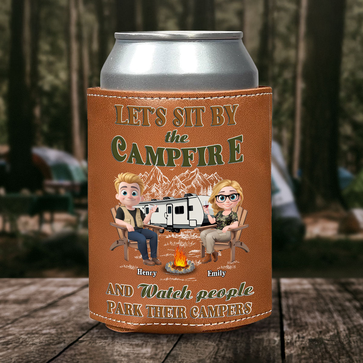 Memories At Campsite - Personalized Custom Leather Can Cooler Holder