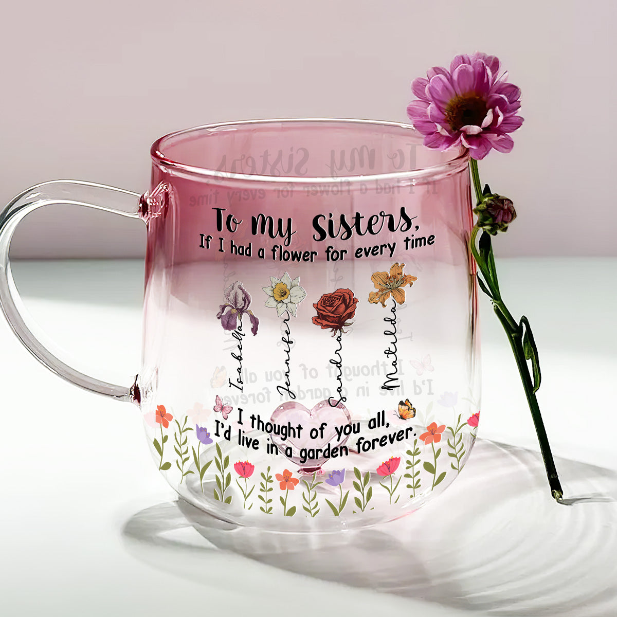 Sisters Make Life More Beautiful - Personalized Custom Pink Gradient Glass Mug