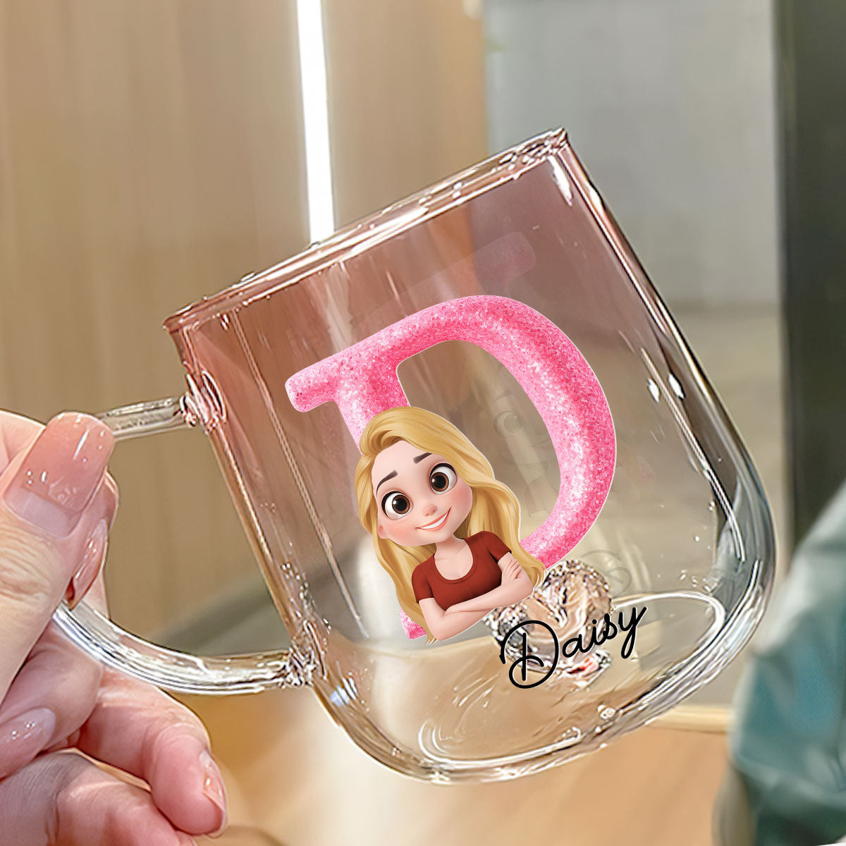 Glitter Alphabet Cartoon - Personalized Custom Pink Gradient Glass Mug