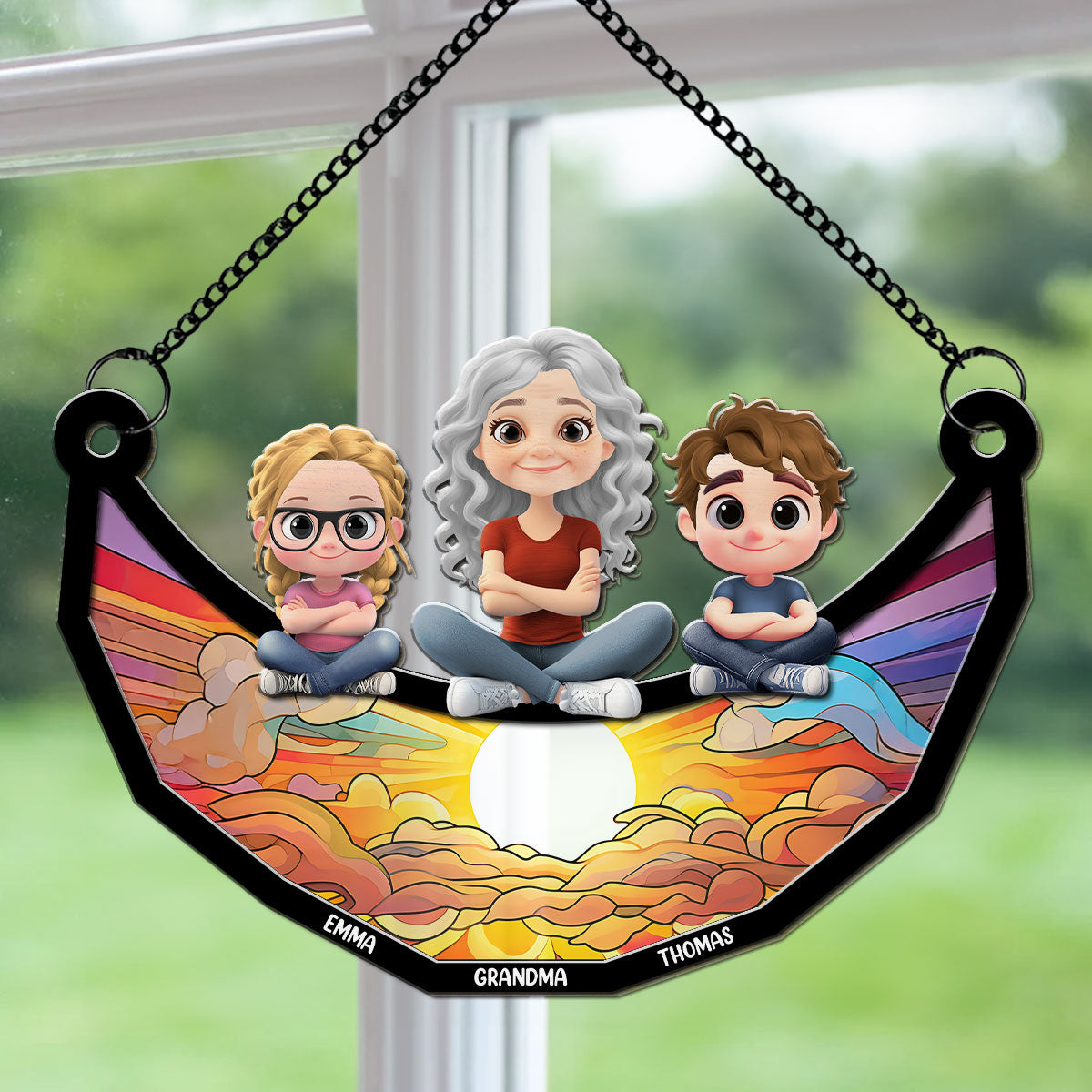 Children Grandma Mom Sitting On The Moon - Personalized Custom Suncatcher