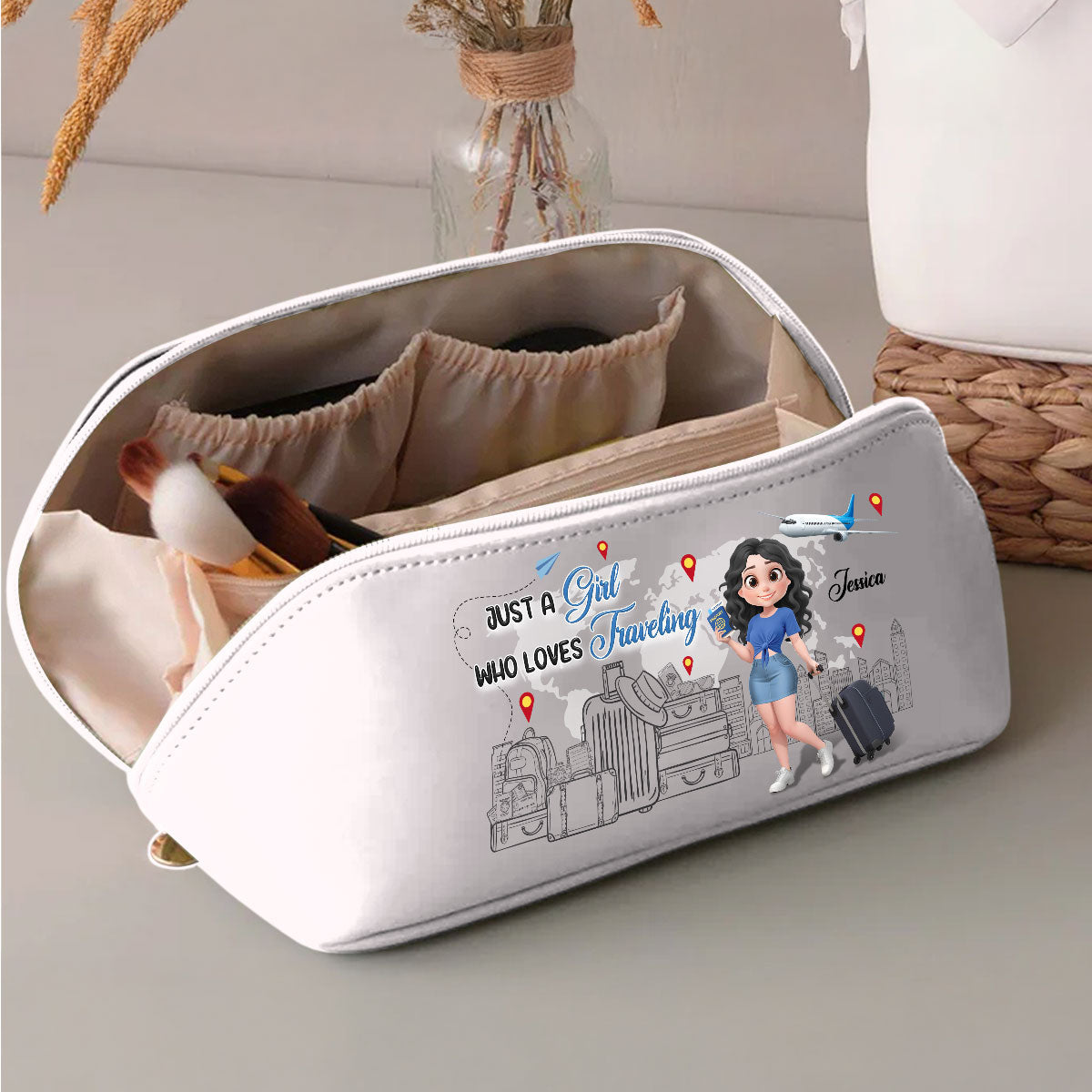 I Love Traveling - Personalized Custom Leather Makeup Bag