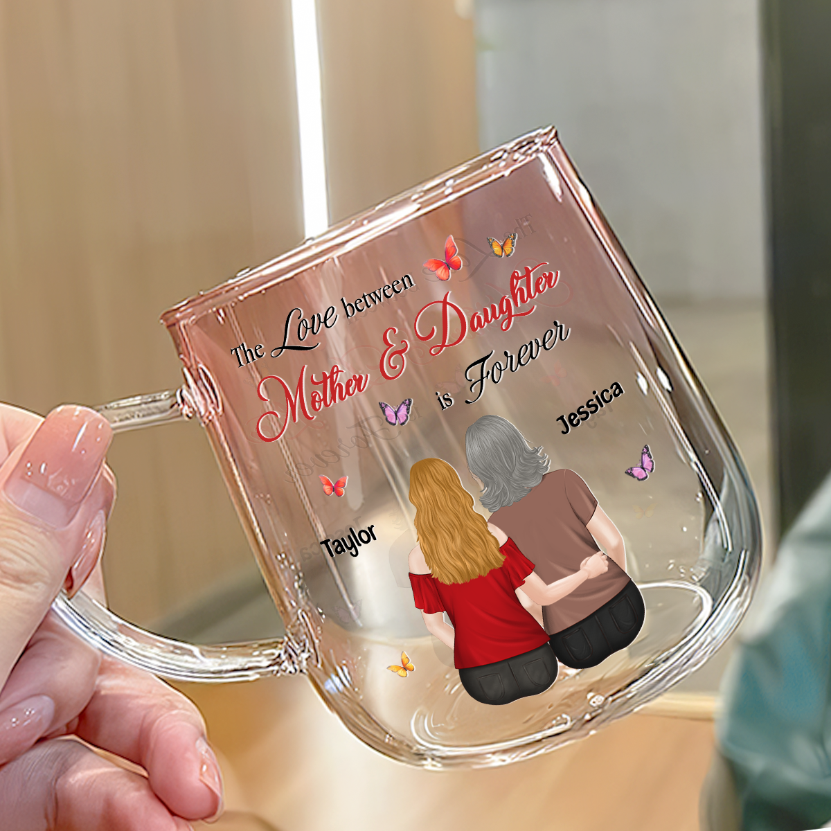Mother And Daughter Love Forever - Personalized Custom Pink Gradient Glass Mug