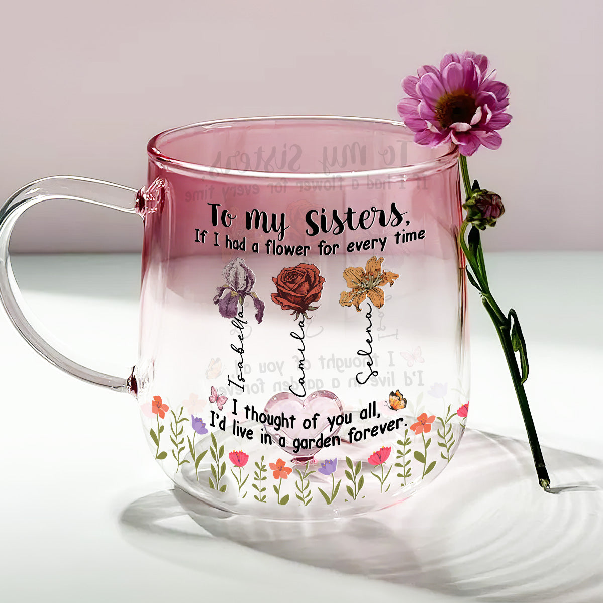 Sisters Make Life More Beautiful - Personalized Custom Pink Gradient Glass Mug
