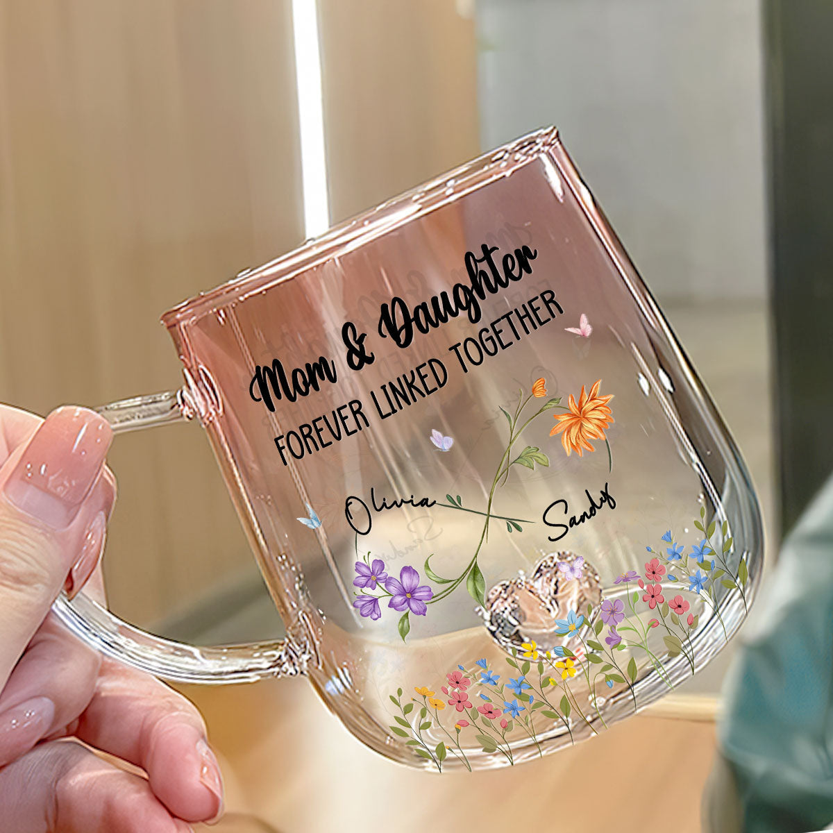 Mom And Daughter Forever Linked - Personalized Custom Pink Gradient Glass Mug