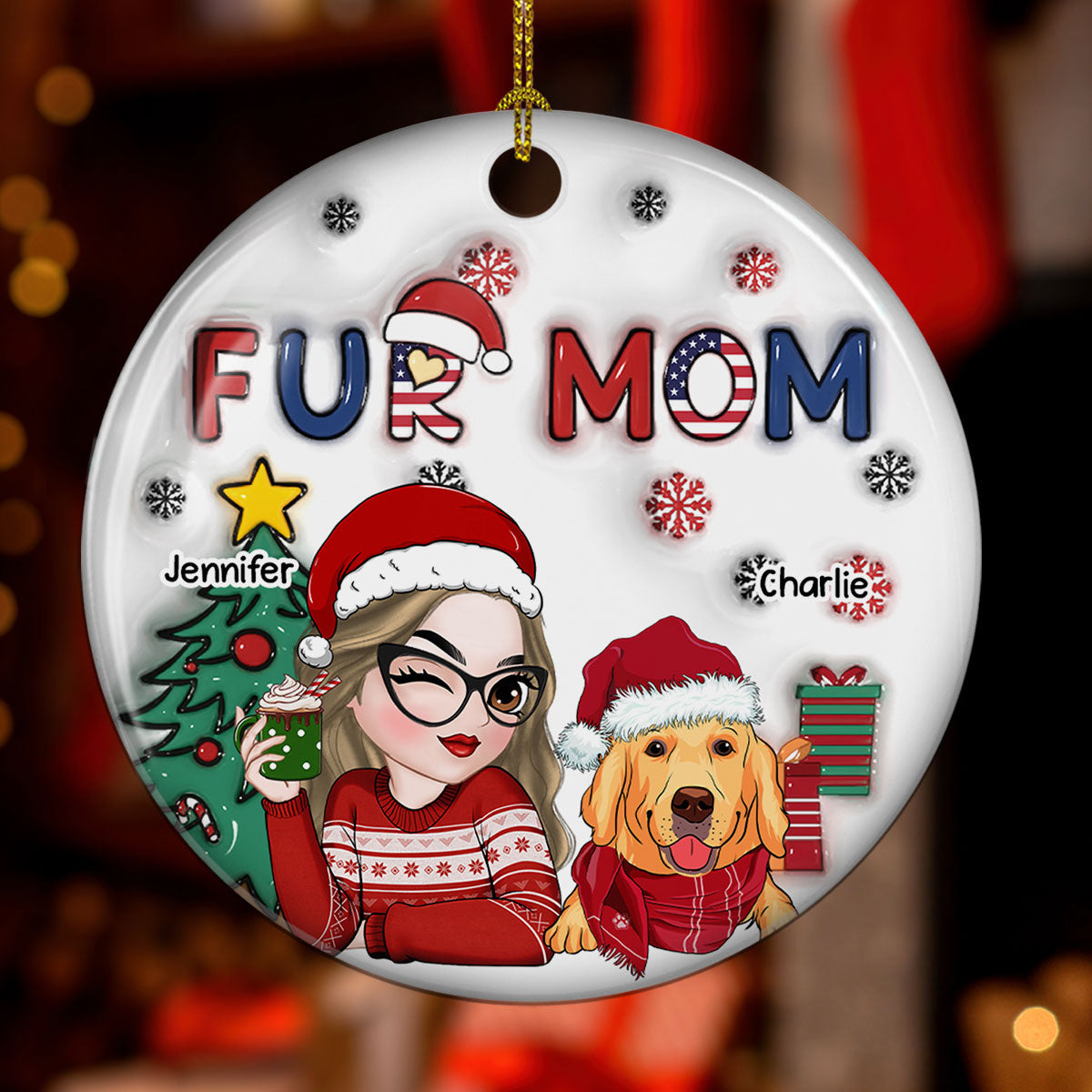American Fur Mom Christmas -  Personalized Custom 3D Inflated Effect Ceramic Ornament