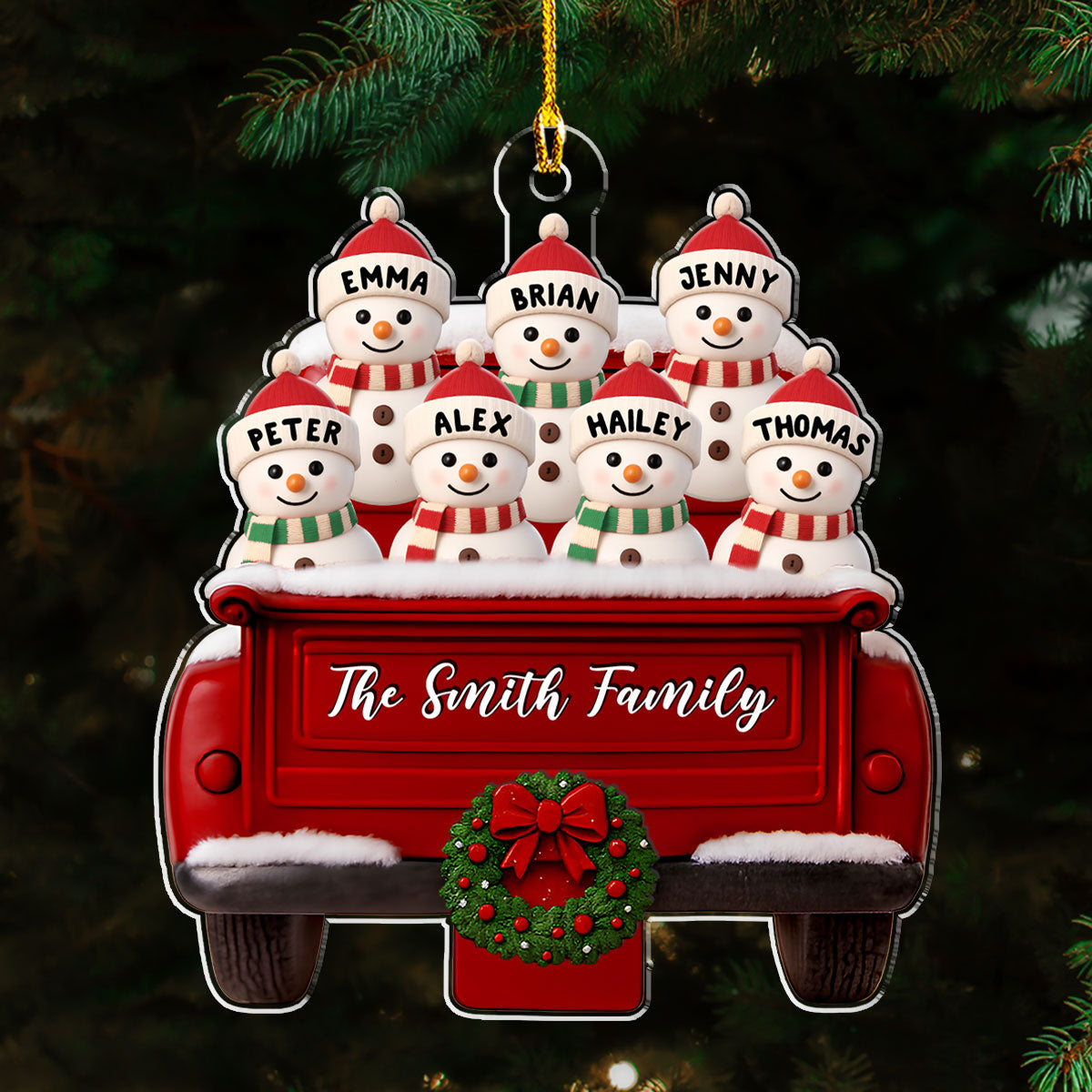 Red Truck Snowman Family - Personalized Custom Acrylic Ornament