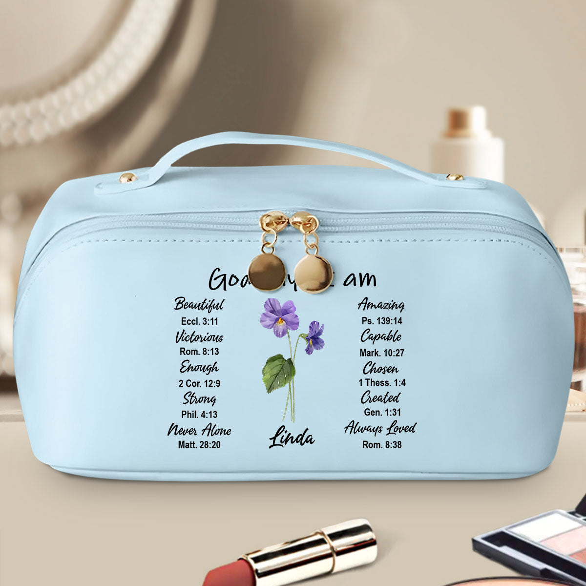 God Says I Am - Personalized Custom Leather Makeup Bag