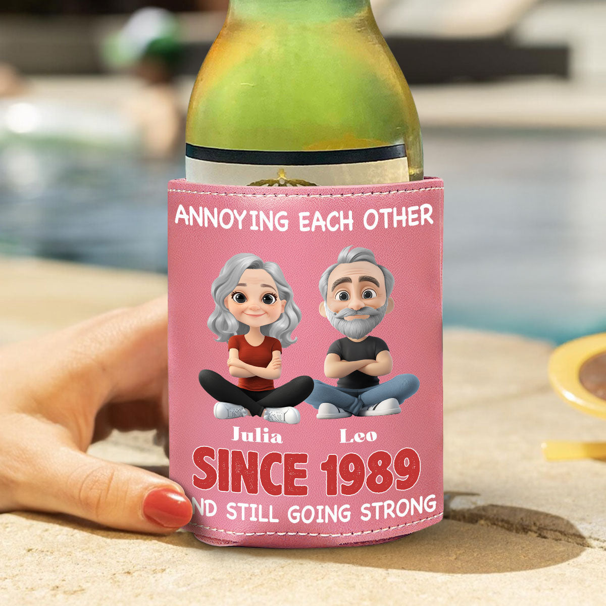 Forever In Love - Personalized Custom Pink Leather Can Cooler Holder