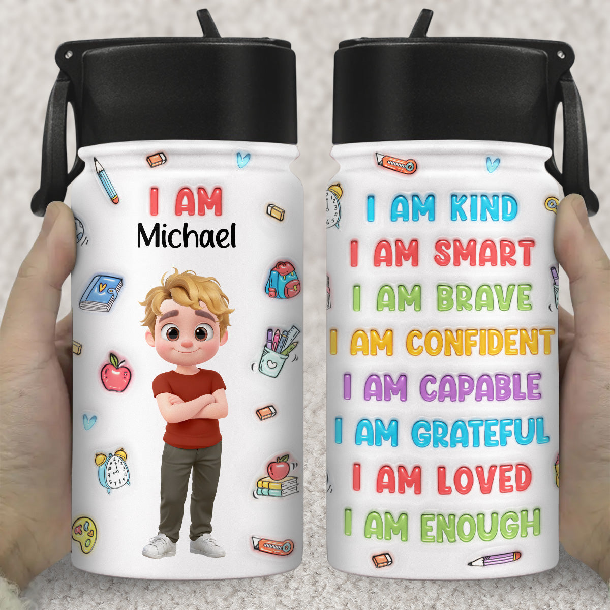 Kind Smart Loved Cartoonize - Personalized Custom 3D Inflated Effect Kids Water Bottle