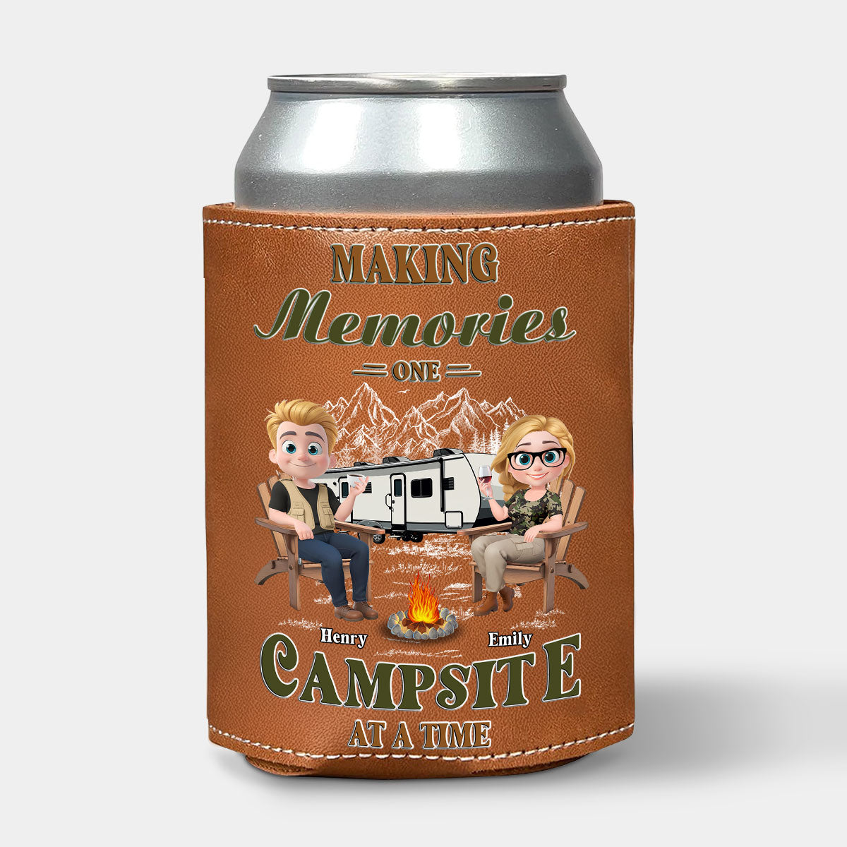 Memories At Campsite - Personalized Custom Leather Can Cooler Holder