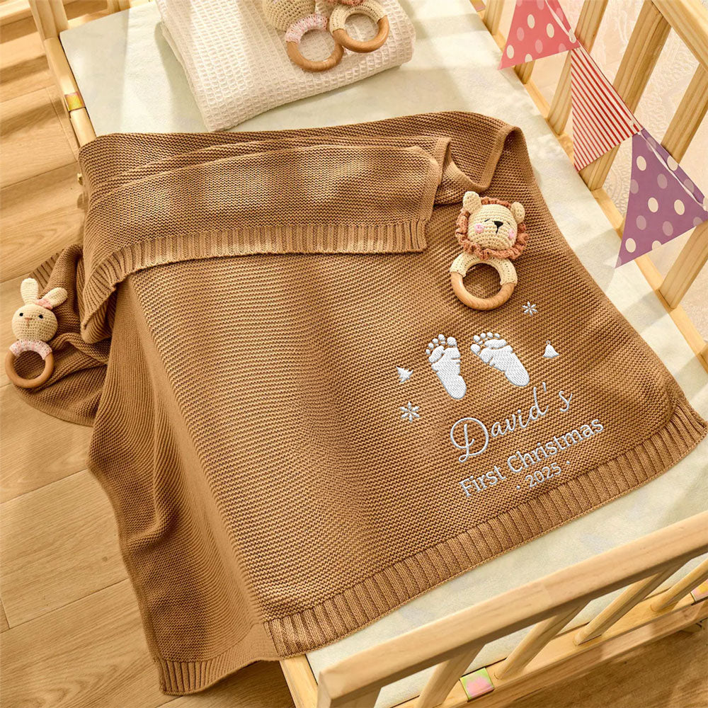 Baby First Christmas - Personalized Custom Embroidered Knitted Baby Blanket