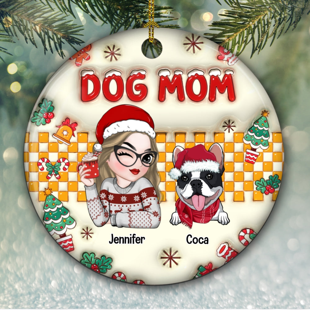 Dog Mom Snow - Personalized Custom 3D Inflated Effect Ceramic Ornament