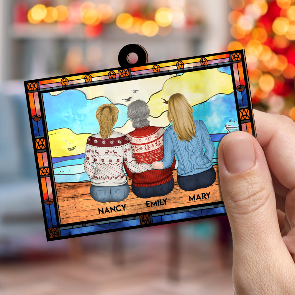 Mom And Children Sitting On The Beach - Personalized Custom Suncatcher Ornament